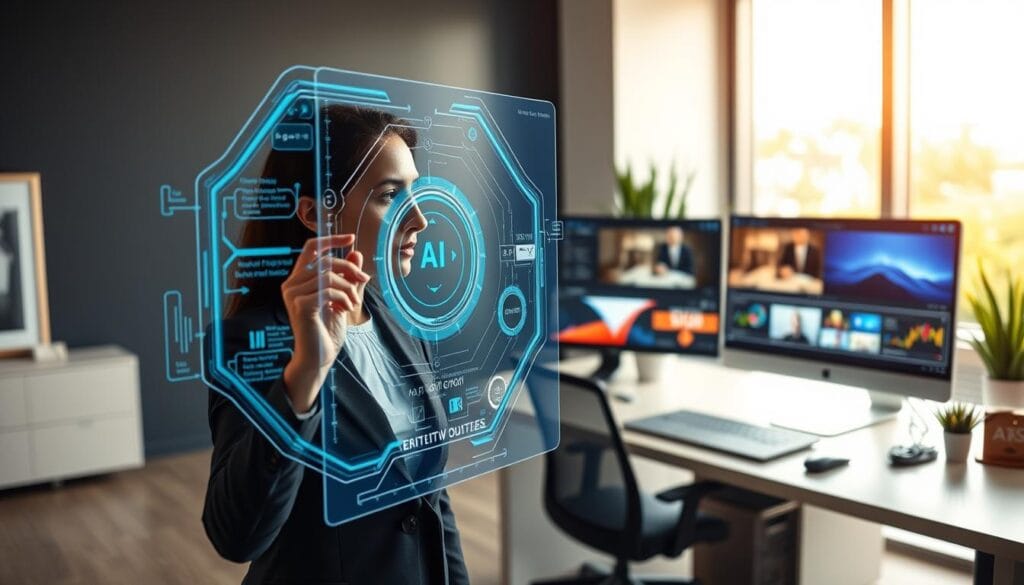 A modern digital workspace showcasing the application of artificial intelligence in video content creation. In the foreground, a professional woman in business attire is interacting with a futuristic holographic interface displaying AI algorithms and video editing tools. The middle ground features a sleek computer setup with multiple screens showcasing dynamic video clips, analytics, and vibrant graphics demonstrating marketing concepts. The background includes a bright and airy office space with a large window letting in warm sunlight, creating a productive atmosphere. Soft, diffused lighting highlights the subject while maintaining a clean, organized look. The overall mood is innovative and inspiring, reflecting the importance of AI in enhancing digital marketing strategies through video.