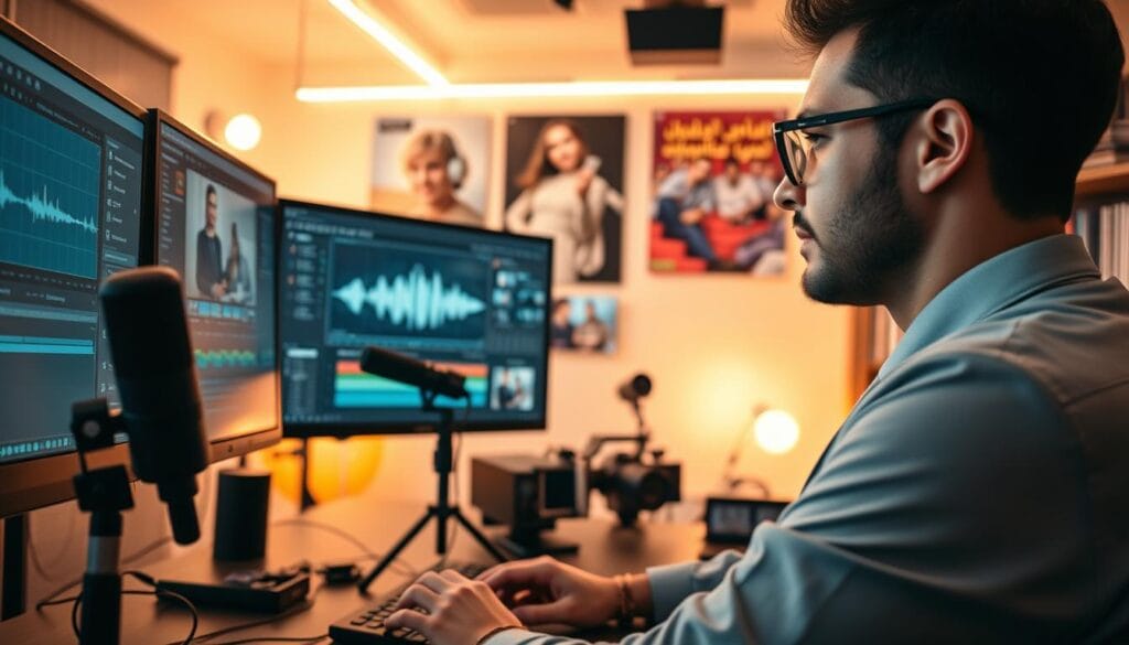 A modern digital workspace showcasing video content production in Arabic. In the foreground, a professional individual in business attire is focused on a computer screen displaying video editing software, with visual waveforms and timelines visible. The middle ground features various tools of the trade, including a microphone, camera, and lighting equipment, all arranged neatly. The background reveals a cozy yet dynamic studio environment, featuring softly glowing LED lights, vibrant posters of video content, and a bookshelf filled with educational resources. The scene is illuminated with warm, inviting lighting that enhances creativity and productivity, conveying a professional yet comfortable atmosphere. The perspective is slightly angled downwards, emphasizing the workspace and the tools necessary for producing engaging Arabic video content. A modern digital workspace showcasing video content production in Arabic. In the foreground, a professional individual in business attire is focused on a computer screen displaying video editing software, with visual waveforms and timelines visible. The middle ground features various tools of the trade, including a microphone, camera, and lighting equipment, all arranged neatly. The background reveals a cozy yet dynamic studio environment, featuring softly glowing LED lights, vibrant posters of video content, and a bookshelf filled with educational resources. The scene is illuminated with warm, inviting lighting that enhances creativity and productivity, conveying a professional yet comfortable atmosphere. The perspective is slightly angled downwards, emphasizing the workspace and the tools necessary for producing engaging Arabic video content.