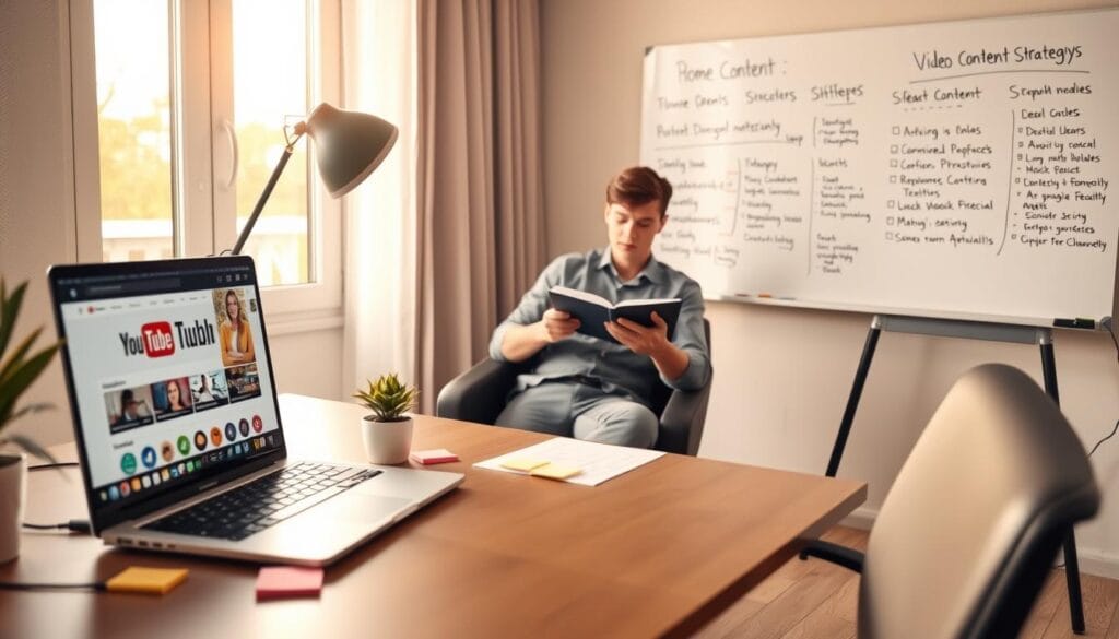 A modern home office setup focused on starting a YouTube channel for beginners. In the foreground, a stylish desk with a laptop displaying a YouTube interface, colorful sticky notes, and a small potted plant. In the middle, a chair with a young adult, dressed in casual business attire, brainstorming ideas while writing on a notepad. Behind them, a large window letting in warm, natural light that creates a cozy atmosphere. The background features a whiteboard with neatly written video content strategies and a relaxing ambiance, emphasized by soft focus. The overall mood is inspiring and productive, encouraging creativity in content creation.