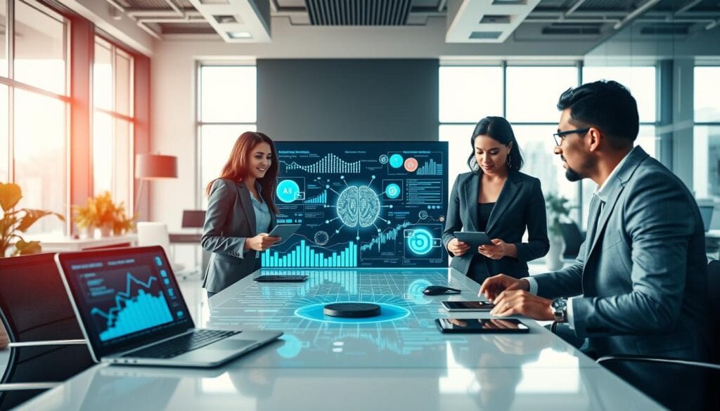 A modern office environment depicting artificial intelligence in marketing. In the foreground, a diverse group of three professionals, dressed in smart business attire, collaborate around a sleek conference table covered with digital devices and marketing analytics on screens. In the middle ground, a large interactive display showcases flowing data visualizations and AI algorithms at work, illustrating how data can drive personalized campaigns. The background features a bright, modern office with large windows filtering in natural light, creating an energetic atmosphere. Use a wide-angle lens perspective to capture the dynamic interaction and engagement among the team, emphasizing a blend of technology and creativity in marketing strategies. The overall mood is innovative and inspiring, highlighting the future of AI-driven marketing.