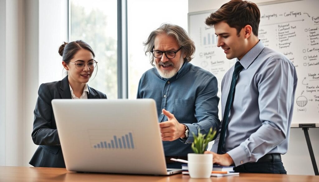 A modern office environment depicting the importance of developing economic skills. In the foreground, a diverse group of three professionals—a young woman in a business suit, a middle-aged man in smart casual attire, and a young man in a shirt and tie—are engaged in an animated discussion over a laptop displaying graphs and data. The middle ground features a large, transparent glass window that lets in soft, natural sunlight, illuminating the workspace. In the background, a whiteboard filled with economic strategies and skill development techniques complements the scene. The atmosphere is collaborative and inspiring, encouraging growth and innovation in the new economy. Use a wide-angle perspective to capture the dynamic setting, ensuring clarity and focus on the subjects.