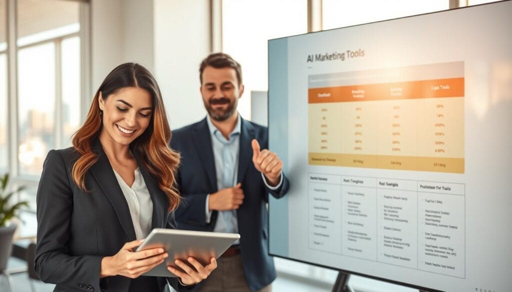 A modern office environment featuring a diverse group of three professionals in business attire engaged in selecting the right AI tools for data analysis. In the foreground, a confident woman, focused and smiling, is analyzing a tablet displaying various tool options. Next to her, a thoughtful man gestures towards a large screen showcasing a comparison of AI marketing tools. In the background, a window reveals a city skyline with soft natural light illuminating the room, creating a productive atmosphere. The scene captures collaboration and innovation, with warm colors to evoke a sense of confidence and clarity in decision-making. The image should be visually appealing, highlighting the importance of selecting the right tools. A modern office environment featuring a diverse group of three professionals in business attire engaged in selecting the right AI tools for data analysis. In the foreground, a confident woman, focused and smiling, is analyzing a tablet displaying various tool options. Next to her, a thoughtful man gestures towards a large screen showcasing a comparison of AI marketing tools. In the background, a window reveals a city skyline with soft natural light illuminating the room, creating a productive atmosphere. The scene captures collaboration and innovation, with warm colors to evoke a sense of confidence and clarity in decision-making. The image should be visually appealing, highlighting the importance of selecting the right tools.