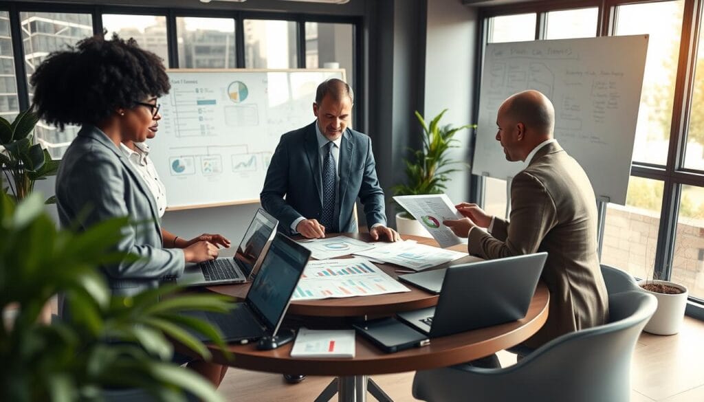 A modern office environment focused on human resources automation strategies. In the foreground, a diverse group of professionals in business attire—two women of different ethnicities and a man collaboratively analyzing data on a sleek tablet. In the middle, a round table covered with laptops, charts, and reports showcasing HR tools and metrics; a whiteboard filled with strategic notes and flowcharts in the background, under soft, diffused lighting. The room features large windows allowing natural light, and plants adding a touch of greenery. The atmosphere is one of collaboration and innovation, conveying the importance of selecting effective HR automation tools for a successful organization.