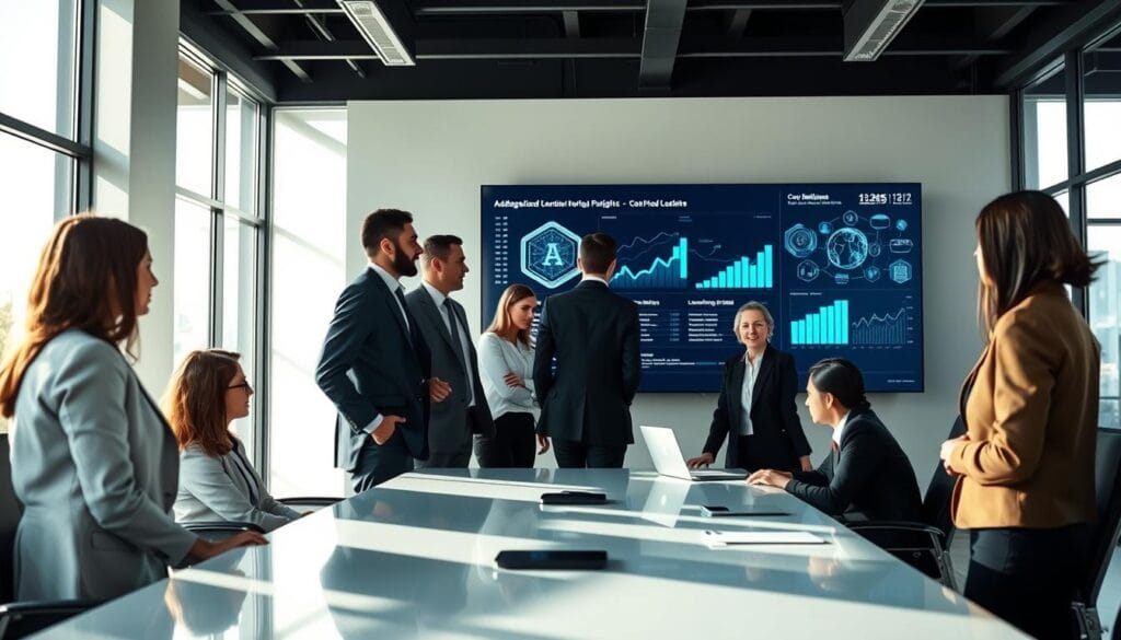 A modern office environment representing administrative and leadership skills in a professional context. In the foreground, diverse business professionals in smart attire are engaged in discussion around a sleek conference table, showcasing collaboration and strategic planning. In the middle background, a digital screen displays data analytics and AI insights, illustrating the integration of technology in management. The setting features large windows allowing natural light to flood in, creating a bright and motivating atmosphere. Soft shadows enhance the depth of the space. The image is captured from a slightly elevated angle, providing a comprehensive view that conveys a sense of teamwork and innovation in adapted leadership for the future. A modern office environment representing administrative and leadership skills in a professional context. In the foreground, diverse business professionals in smart attire are engaged in discussion around a sleek conference table, showcasing collaboration and strategic planning. In the middle background, a digital screen displays data analytics and AI insights, illustrating the integration of technology in management. The setting features large windows allowing natural light to flood in, creating a bright and motivating atmosphere. Soft shadows enhance the depth of the space. The image is captured from a slightly elevated angle, providing a comprehensive view that conveys a sense of teamwork and innovation in adapted leadership for the future.