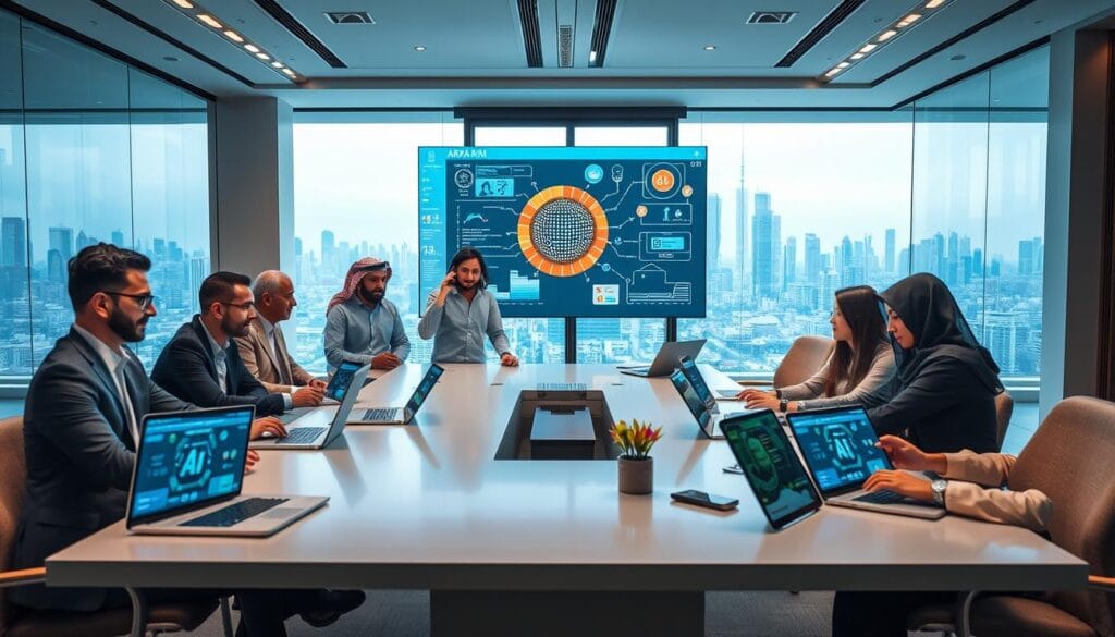 A modern office environment showcasing prominent Arab AI projects. In the foreground, a diverse group of professionals in business attire, including men and women of various ethnic backgrounds, collaborate around a sleek conference table with laptops and tablets displaying AI interfaces and data analytics. The middle ground features a large screen displaying dynamic visuals of AI algorithms and data flow, with charts illustrating industry trends. The background reveals an expansive window with a view of a futuristic city skyline, symbolizing technological advancement. Soft, ambient lighting enhances the atmosphere, creating a sense of innovation and collaboration, while the camera angle captures the vibrant engagement of team members. The overall mood is optimistic and forward-looking, reflecting the significance of Arab contributions to the AI landscape. A modern office environment showcasing prominent Arab AI projects. In the foreground, a diverse group of professionals in business attire, including men and women of various ethnic backgrounds, collaborate around a sleek conference table with laptops and tablets displaying AI interfaces and data analytics. The middle ground features a large screen displaying dynamic visuals of AI algorithms and data flow, with charts illustrating industry trends. The background reveals an expansive window with a view of a futuristic city skyline, symbolizing technological advancement. Soft, ambient lighting enhances the atmosphere, creating a sense of innovation and collaboration, while the camera angle captures the vibrant engagement of team members. The overall mood is optimistic and forward-looking, reflecting the significance of Arab contributions to the AI landscape.