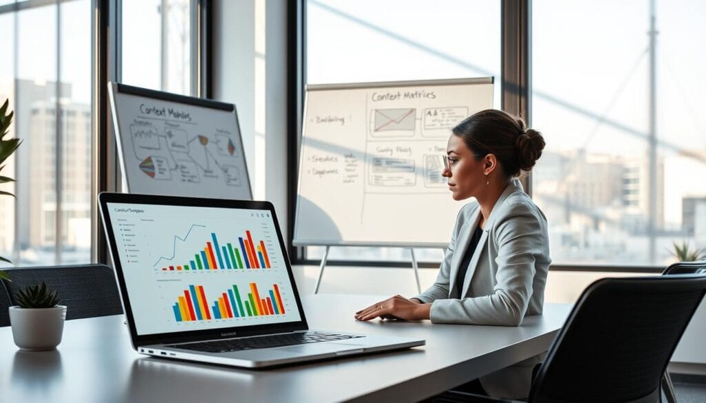 A modern office environment showcasing the analysis of content performance. In the foreground, a sleek laptop displays graphs and data metrics related to social media engagement, with colorful bar charts and pie charts. A professional businesswoman sits at the desk, wearing smart attire, focused on interpreting the data. In the middle ground, a whiteboard is filled with brainstorming notes and strategies for content scheduling. The background features large windows allowing natural light to flood the space, creating a bright and optimistic atmosphere. Soft shadows cast over the scene highlight the professionalism of the setting, conveying a sense of productivity and teamwork, enhancing the theme of content performance and its impact on audience engagement. The overall mood is analytical yet inspiring, emphasizing the importance of effective content scheduling tools.