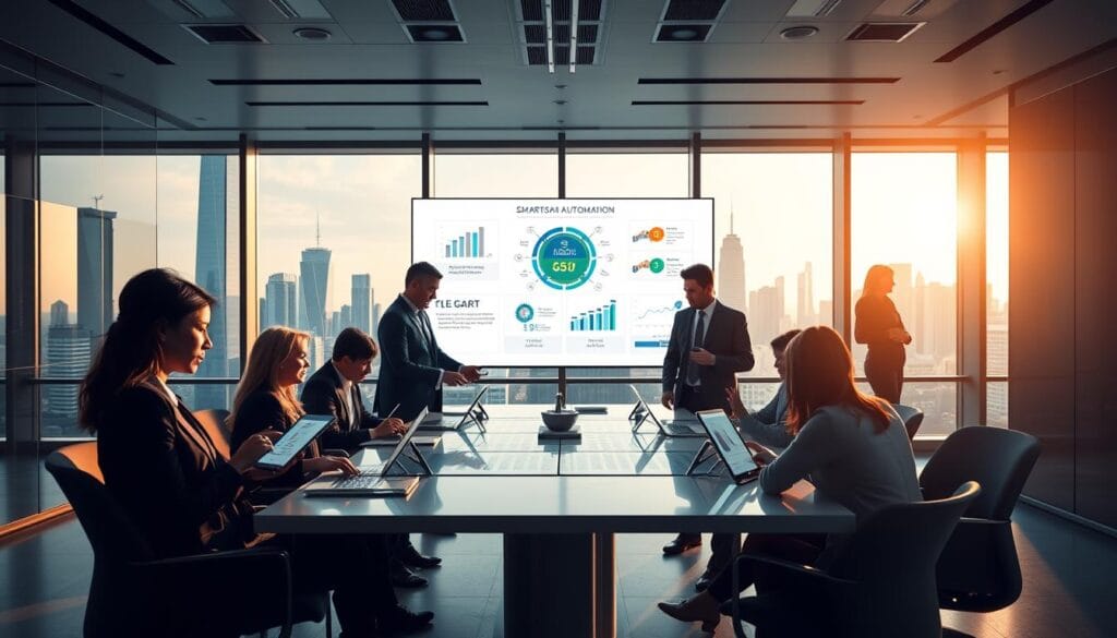 A modern office environment showcasing the concept of "Smart Automation" in business. In the foreground, a diverse group of professionals, dressed in professional business attire, collaborate around a sleek conference table, analyzing digital charts and graphs on tablets and laptops. In the middle ground, a large screen displays an engaging infographic illustrating the benefits of smart automation—enhanced efficiency, cost savings, and improved productivity. The background features a panoramic view of a futuristic city skyline through large windows, bathed in warm natural light. Soft shadows create a dynamic atmosphere, emphasizing teamwork and innovation. Use a wide-angle lens to capture the depth of the space, evoking a sense of optimism and forward-thinking.