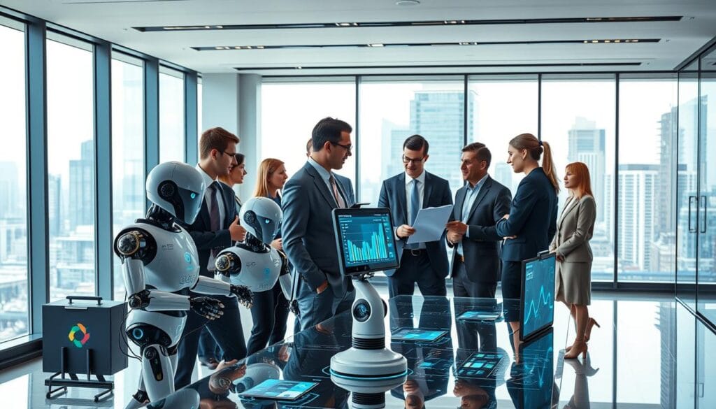 A modern office environment showcasing the integration of artificial intelligence in business applications. In the foreground, a diverse group of professionals, dressed in smart business attire, are engaged in discussion around a high-tech table with digital screens displaying AI analytics and graphs. In the middle, advanced robotic assistants interact with data and assist employees, illustrating collaboration between humans and machines. The background features a sleek, futuristic office space with large windows allowing natural light to flood in, highlighting a cityscape outside. The scene conveys a sense of innovation and teamwork, with vibrant colors and a dynamic atmosphere, emphasizing the transformative impact of AI on the future of business.