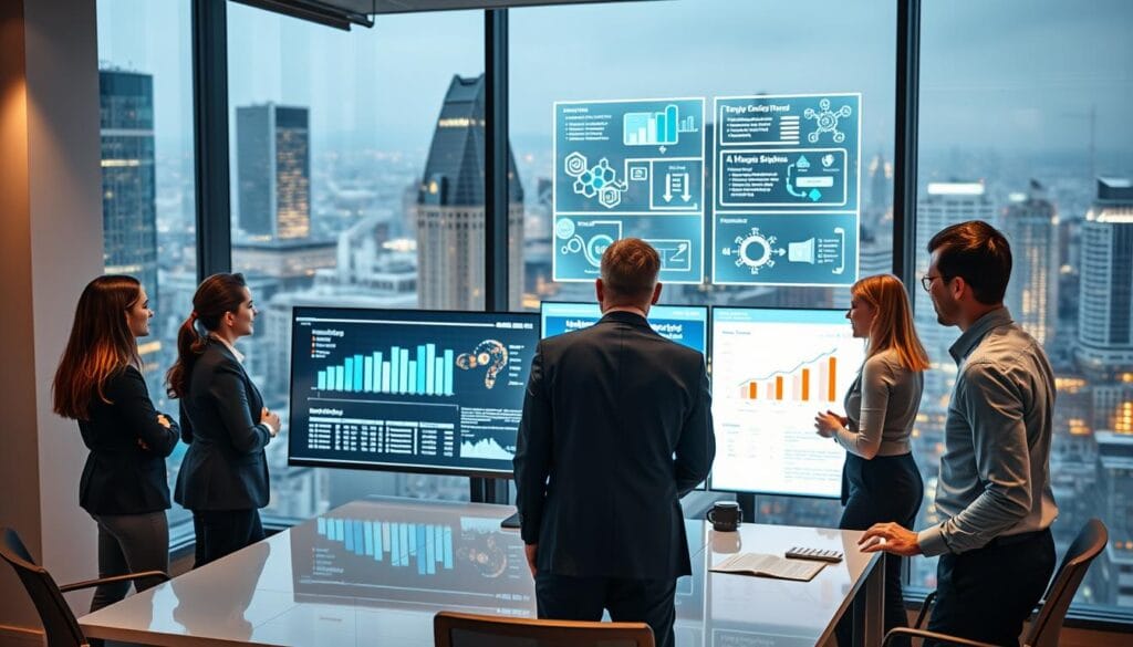 A modern office scene emphasizing operational efficiency through artificial intelligence. In the foreground, a diverse team of professionals in business attire collaborates around a sleek conference table, analyzing dynamic data visualizations on a large digital screen. In the middle ground, transparent screens display AI algorithms and flowcharts, highlighting optimization processes. The background features floor-to-ceiling windows with views of a bustling cityscape, symbolizing contemporary business environments. Soft yet focused lighting casts a warm glow across the room, creating an atmosphere of innovation and productivity. The overall mood is energetic and forward-looking, capturing the essence of improving operational efficiency through advanced technology. A modern office scene emphasizing operational efficiency through artificial intelligence. In the foreground, a diverse team of professionals in business attire collaborates around a sleek conference table, analyzing dynamic data visualizations on a large digital screen. In the middle ground, transparent screens display AI algorithms and flowcharts, highlighting optimization processes. The background features floor-to-ceiling windows with views of a bustling cityscape, symbolizing contemporary business environments. Soft yet focused lighting casts a warm glow across the room, creating an atmosphere of innovation and productivity. The overall mood is energetic and forward-looking, capturing the essence of improving operational efficiency through advanced technology.