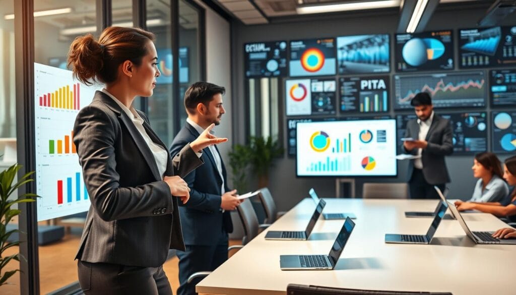 A modern office setting with a diverse group of professionals engaged in data analysis. In the foreground, a woman in a business suit points to a large digital screen displaying colorful bar graphs and pie charts, symbolizing marketing analytics. In the middle ground, a man in smart casual attire reviews notes and discusses insights with a colleague. The background features a sleek conference table surrounded by laptops and data visualizations on walls, illuminated by soft, natural lighting from large windows. The mood is focused and collaborative, reflecting a high-tech, dynamic environment dedicated to performance measurement and analytical thinking. A modern office setting with a diverse group of professionals engaged in data analysis. In the foreground, a woman in a business suit points to a large digital screen displaying colorful bar graphs and pie charts, symbolizing marketing analytics. In the middle ground, a man in smart casual attire reviews notes and discusses insights with a colleague. The background features a sleek conference table surrounded by laptops and data visualizations on walls, illuminated by soft, natural lighting from large windows. The mood is focused and collaborative, reflecting a high-tech, dynamic environment dedicated to performance measurement and analytical thinking.