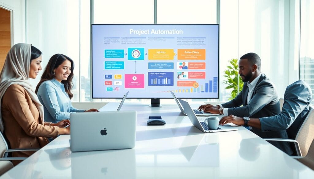 A modern office setting with a focus on project automation. In the foreground, a diverse team of four professionals—a woman of Middle Eastern descent, a Caucasian man, an Asian woman, and a Black man—collaborating around a sleek conference table, each using laptops and digital devices. The middle ground features a large screen displaying colorful, dynamic graphics related to project management, illustrating workflows and automation tools. In the background, a window with city skyline views, enhancing a bright and motivational atmosphere. Soft natural lighting illuminates the scene, creating a vibrant yet professional mood. The image should evoke a sense of innovation and teamwork, reflecting the efficiency and effectiveness of project automation. A modern office setting with a focus on project automation. In the foreground, a diverse team of four professionals—a woman of Middle Eastern descent, a Caucasian man, an Asian woman, and a Black man—collaborating around a sleek conference table, each using laptops and digital devices. The middle ground features a large screen displaying colorful, dynamic graphics related to project management, illustrating workflows and automation tools. In the background, a window with city skyline views, enhancing a bright and motivational atmosphere. Soft natural lighting illuminates the scene, creating a vibrant yet professional mood. The image should evoke a sense of innovation and teamwork, reflecting the efficiency and effectiveness of project automation.