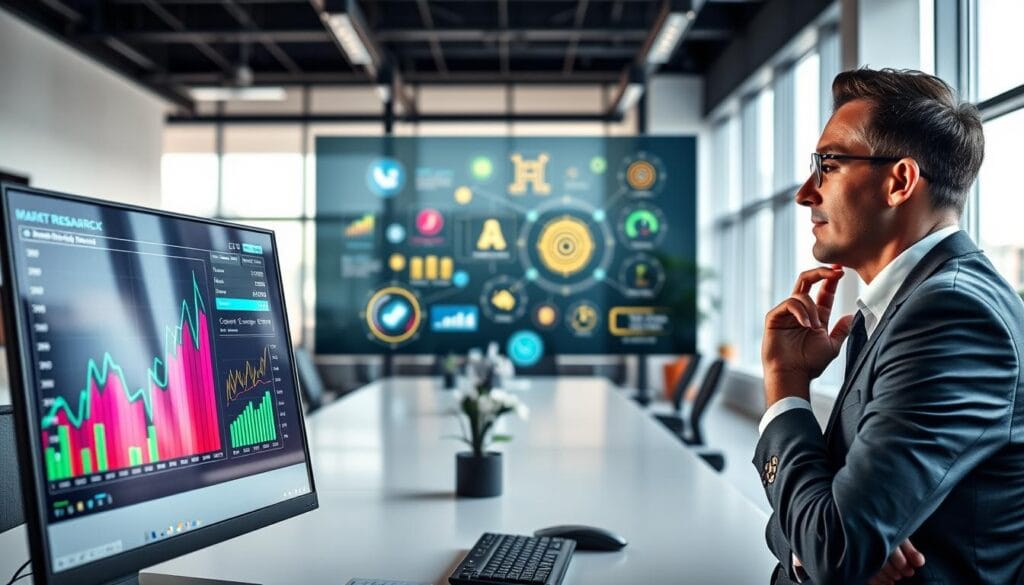 A modern office space illustrating AI market analysis. In the foreground, a sleek computer screen displays colorful charts and graphs representing market trends, while a professional dressed in business attire analyzes data with a thoughtful expression. In the middle, a large digital display features various AI tools and algorithms used for market research, with illuminated icons and infographics. The background shows a bright, contemporary office environment with large windows letting in natural light, creating a productive atmosphere. The overall mood is innovative and forward-thinking, emphasizing the intersection of technology and market analysis. Capture the scene at a slight angle to enhance depth, focusing on clarity and vibrant colors. A modern office space illustrating AI market analysis. In the foreground, a sleek computer screen displays colorful charts and graphs representing market trends, while a professional dressed in business attire analyzes data with a thoughtful expression. In the middle, a large digital display features various AI tools and algorithms used for market research, with illuminated icons and infographics. The background shows a bright, contemporary office environment with large windows letting in natural light, creating a productive atmosphere. The overall mood is innovative and forward-thinking, emphasizing the intersection of technology and market analysis. Capture the scene at a slight angle to enhance depth, focusing on clarity and vibrant colors.