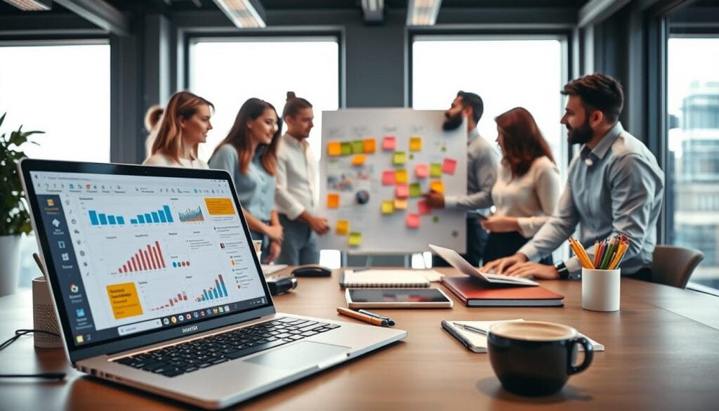 A modern office workspace showcasing effective project management applications. In the foreground, a sleek laptop displays a colorful project management software interface with graphs, timelines, and task lists. Surrounding the laptop are neatly organized stationery items, a digital tablet, and a cup of coffee. In the middle ground, a diverse group of professionals in business attire, including women in blouses and men in dress shirts, collaborate over a large project board filled with sticky notes and charts. The background features large windows with natural light streaming in, illuminating the space and fostering a productive atmosphere. The overall mood is focused and innovative, capturing the essence of teamwork and efficiency in project management. A modern office workspace showcasing effective project management applications. In the foreground, a sleek laptop displays a colorful project management software interface with graphs, timelines, and task lists. Surrounding the laptop are neatly organized stationery items, a digital tablet, and a cup of coffee. In the middle ground, a diverse group of professionals in business attire, including women in blouses and men in dress shirts, collaborate over a large project board filled with sticky notes and charts. The background features large windows with natural light streaming in, illuminating the space and fostering a productive atmosphere. The overall mood is focused and innovative, capturing the essence of teamwork and efficiency in project management.