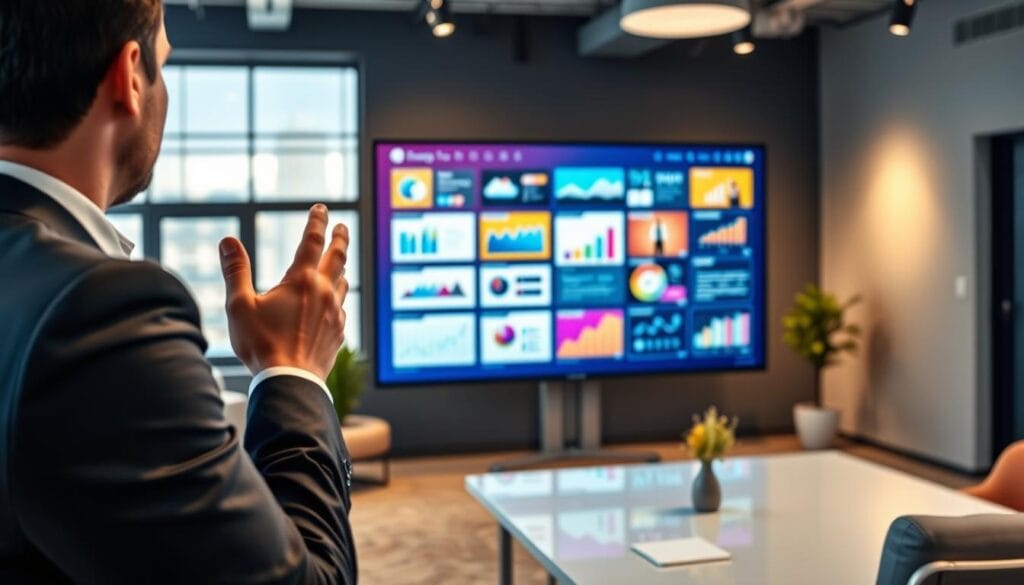 A modern, professional workspace featuring a person presenting a sleek digital presentation on a large screen. The foreground includes a well-dressed individual in formal attire, gesturing confidently towards the screen, conveying engagement and expertise. In the middle ground, the vibrant colors of the presentation slides showcase various modern design elements, including charts, images, and bullet points. The background features a stylish office environment with contemporary furniture and soft, ambient lighting that creates an inviting atmosphere. A wide-angle lens captures the dynamic composition, emphasizing the interaction between the presenter and the audience, reflecting professionalism and innovation in presentation tools. The overall mood is encouraging and inspiring. A modern, professional workspace featuring a person presenting a sleek digital presentation on a large screen. The foreground includes a well-dressed individual in formal attire, gesturing confidently towards the screen, conveying engagement and expertise. In the middle ground, the vibrant colors of the presentation slides showcase various modern design elements, including charts, images, and bullet points. The background features a stylish office environment with contemporary furniture and soft, ambient lighting that creates an inviting atmosphere. A wide-angle lens captures the dynamic composition, emphasizing the interaction between the presenter and the audience, reflecting professionalism and innovation in presentation tools. The overall mood is encouraging and inspiring.