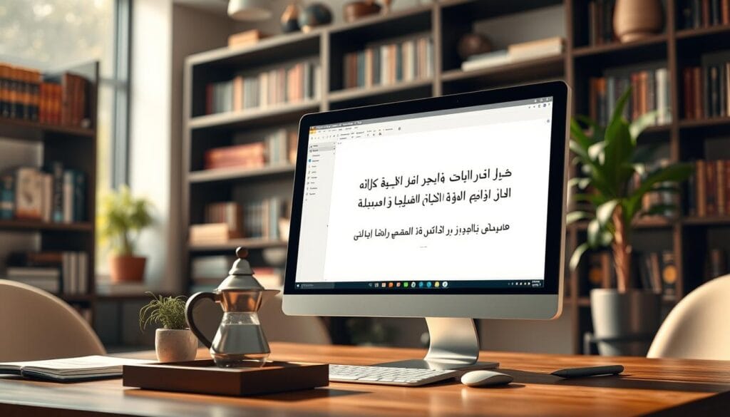 A modern, sleek Arabic text editor interface prominently displayed on a high-resolution computer screen. In the foreground, the screen showcases an Arabic text document, elegantly formatted, with an intuitive layout featuring various editing tools. The middle layer includes a stylish desk setup with a traditional Arabic coffee pot and a small potted plant, adding warmth to the scene. In the background, softly blurred, is a cozy workspace filled with bookshelves featuring Arabic literature and vibrant designs. The lighting is warm and inviting, emulating natural sunlight streaming through a window, creating an inspiring and productive atmosphere. The perspective is slightly angled to capture the depth of the workspace, emphasizing the focus on the text editor.