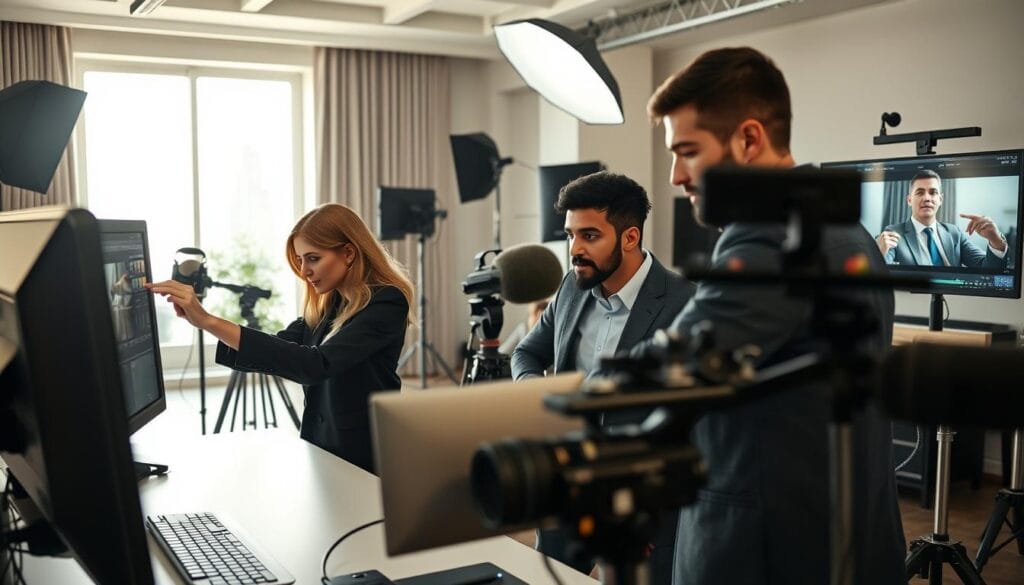 A modern video production workspace featuring diverse individuals collaborating on video editing and sound design. In the foreground, a professional woman in smart business attire is adjusting audio settings on a computer, while a man, also in professional attire, examines a video timeline on another screen. The middle ground includes various high-tech equipment like cameras, microphones, and softbox lights, emphasizing a creative environment. The background reveals a large window with natural light streaming in, creating a bright and inviting atmosphere. The overall mood is energetic and focused, ideal for producing high-quality Arabic voice videos. Use a wide-angle lens to capture depth and detail, enhancing the sense of professionalism and teamwork in this engaging workspace. A modern video production workspace featuring diverse individuals collaborating on video editing and sound design. In the foreground, a professional woman in smart business attire is adjusting audio settings on a computer, while a man, also in professional attire, examines a video timeline on another screen. The middle ground includes various high-tech equipment like cameras, microphones, and softbox lights, emphasizing a creative environment. The background reveals a large window with natural light streaming in, creating a bright and inviting atmosphere. The overall mood is energetic and focused, ideal for producing high-quality Arabic voice videos. Use a wide-angle lens to capture depth and detail, enhancing the sense of professionalism and teamwork in this engaging workspace.