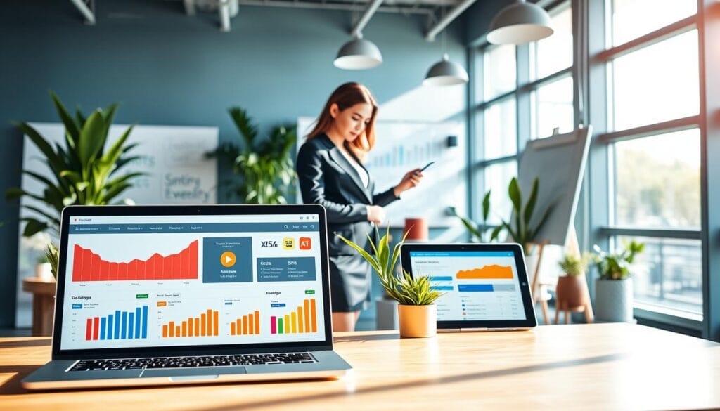 A modern, visually striking workspace featuring various marketing automation tools. In the foreground, a sleek laptop displays an engaging dashboard filled with colorful graphs and analytics, alongside a tablet showing email campaigns. In the middle, a vibrant workspace filled with potted plants and a whiteboard with brainstorming notes conveys a dynamic business atmosphere. The background showcases large windows allowing natural light to flood in, creating a bright and productive environment. An elegant professional woman in business attire interacts with the technology, showcasing collaboration. The lighting is bright and cheerful, emphasizing optimism and innovation. The overall mood is energetic and focused, reflecting the efficiency and power of marketing automation tools in boosting business productivity.