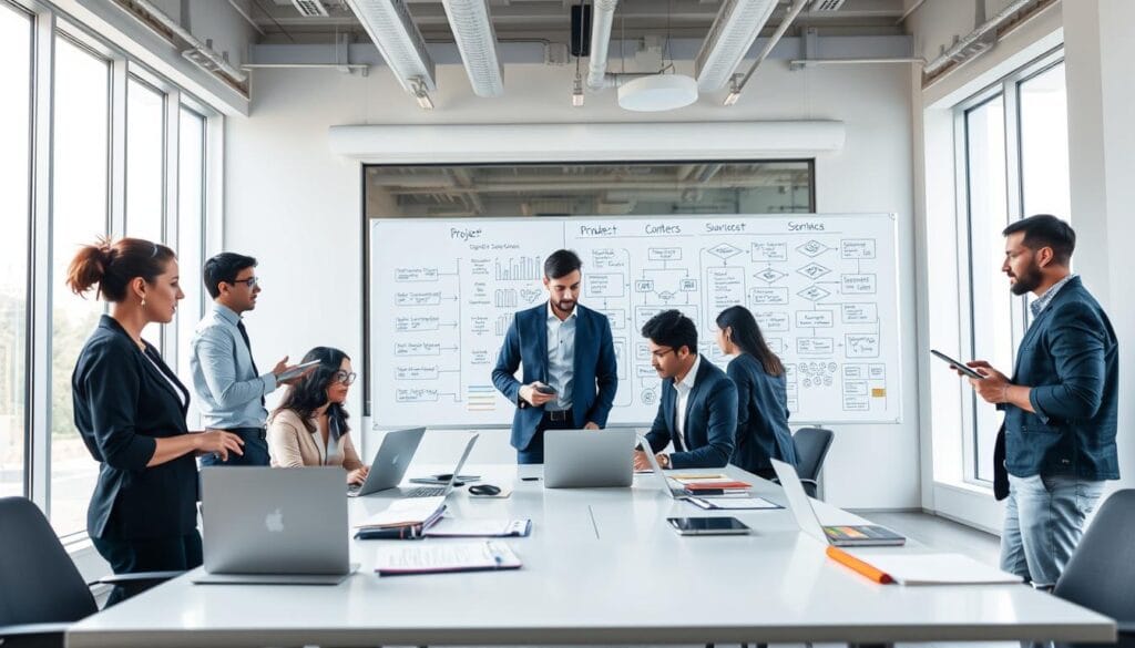 A modern, well-organized workspace depicting the steps to launch a small service store. In the foreground, a diverse group of professionals in smart casual attire are collaborating around a sleek table filled with laptops, tablets, and notepads. The middle ground showcases a large whiteboard covered with diagrams and flowcharts detailing project planning and customer engagement strategies. In the background, large windows let in soft, natural light, creating a bright, motivational atmosphere. Use a wide-angle perspective to capture the dynamic energy of the team, emphasizing teamwork and innovation. The overall mood is focused and inspiring, conveying a sense of progression and opportunity in the world of AI-driven business solutions.