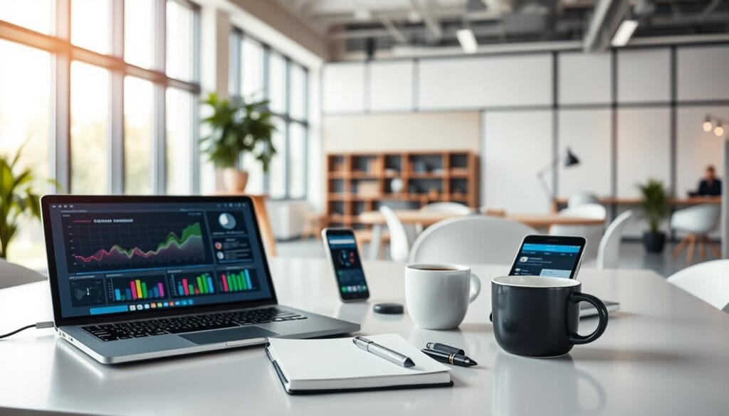 A modern workspace featuring a digital toolkit that represents essential skills for thriving in the digital work environment. In the foreground, a sleek laptop displays colorful graphs and analytics, surrounded by a tablet and smartphone showing collaboration apps. In the middle, a stylish desk with a notepad, a coffee cup, and creative accessories like pens and a digital stylus. The background features a bright, contemporary office with large windows letting in natural light, highlighting a sense of professionalism and creativity. Use a soft focus effect on the background to emphasize the foreground elements. The atmosphere should convey innovation and productivity, inviting viewers to envision themselves excelling in the digital workspace.
