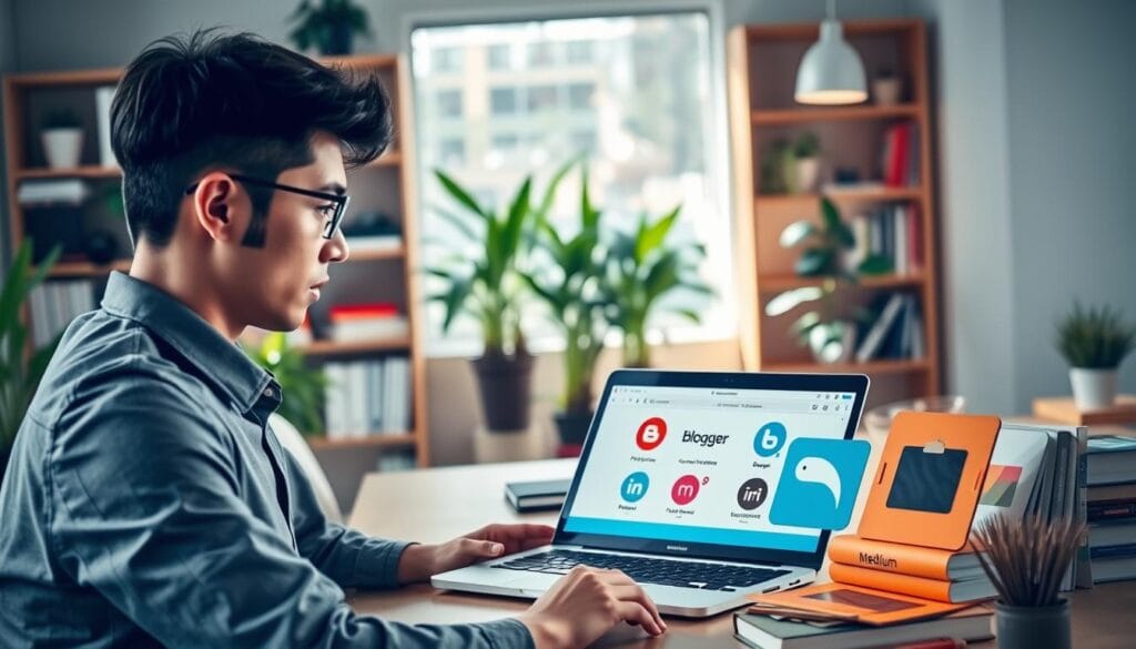 A modern workspace featuring a person thoughtfully choosing between different digital platforms for blogging. In the foreground, a young professional in smart-casual attire is examining a laptop screen displaying various blogging platform options. To the sides, there are colorful, illustrated icons representing notable platforms like WordPress, Blogger, and Medium, arranged neatly on a desk. In the middle ground, the scene shows bookshelves filled with guides on blogging and digital marketing. The background features a vibrant, well-lit office with plants, creating a warm and inspiring atmosphere. The lighting is bright and inviting, simulating natural daylight. Capture this scene from a slightly elevated angle, giving a comprehensive view of the desk and background elements, conveying a sense of focus and determination.