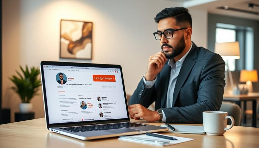 A modern workspace featuring a professional individual of Middle Eastern descent, dressed in smart casual attire, focused on crafting a professional online profile. In the foreground, there is a sleek laptop open with a vibrant website interface displaying a well-designed resume. In the middle, the individual is engaged with a thoughtful expression, surrounded by stationery and a coffee cup, emphasizing productivity. The background features a stylish, contemporary office with soft lighting illuminating the space, creating an inviting atmosphere. A subtle abstract art piece hangs on the wall, adding a touch of creativity. The overall mood is professional yet relaxed, portraying the essence of enhancing one's online presence in the job market. A modern workspace featuring a professional individual of Middle Eastern descent, dressed in smart casual attire, focused on crafting a professional online profile. In the foreground, there is a sleek laptop open with a vibrant website interface displaying a well-designed resume. In the middle, the individual is engaged with a thoughtful expression, surrounded by stationery and a coffee cup, emphasizing productivity. The background features a stylish, contemporary office with soft lighting illuminating the space, creating an inviting atmosphere. A subtle abstract art piece hangs on the wall, adding a touch of creativity. The overall mood is professional yet relaxed, portraying the essence of enhancing one's online presence in the job market.