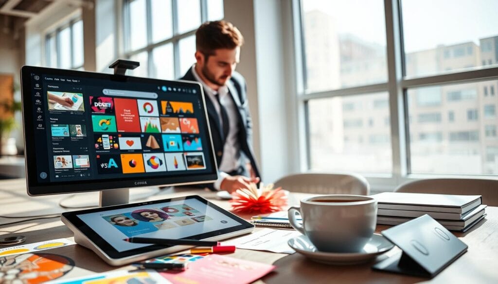 A modern workspace featuring a sleek computer displaying the Canva AI interface, showcasing vibrant design tools and templates for image editing. In the foreground, a digital tablet with a stylus, surrounded by colorful design materials and a steaming cup of coffee, symbolizes creativity and inspiration. In the middle, a designer, dressed in professional business attire, is intently focused on the screen, illustrating a collaborative atmosphere of innovation. The background features a bright, minimalist office with large windows allowing sunlight to flood the space, casting soft shadows that create a warm, inviting mood. The angle should be slightly elevated to capture both the designer's concentration and the dynamic tools of the Canva AI platform, emphasizing a forward-looking approach to digital creation for 2025.