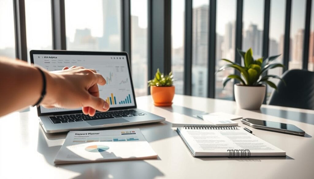A modern workspace featuring a sleek desk with a laptop displaying SEO analytics charts and graphs. In the foreground, a hand reaches for stylish SEO tools like a keyword planner and analytics report papers, emphasizing a productive atmosphere. The middle ground includes a potted plant and a notepad filled with marketing strategies. In the background, a large window reveals a city skyline, symbolizing growth and success. The lighting is bright and inviting, with soft natural light streaming in, creating a motivational ambiance. The mood is focused and professional, ideal for illustrating essential SEO tools in a sharp, clean composition.