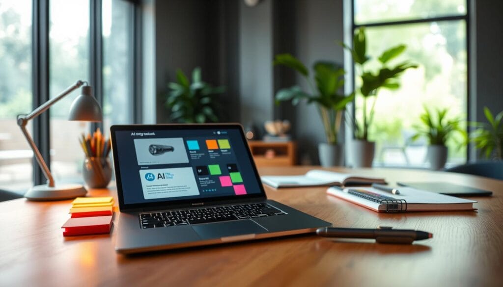 A modern workspace featuring a variety of smart writing tools and gadgets. In the foreground, a sleek laptop displays an AI writing assistant interface, surrounded by colorful sticky notes and a high-tech stylus. The middle ground showcases a neatly organized desk with a smart notepad and a digital pen, all illuminated by soft, warm LED lighting that creates an inviting atmosphere. In the background, large windows allow natural light to flood in, with greenery visible outside, suggesting a creative environment. The overall mood is focused and innovative, ideal for exploring the future of writing. Use a shallow depth of field to emphasize the tools on the desk while softly blurring the background, capturing a contemporary, professional aesthetic.