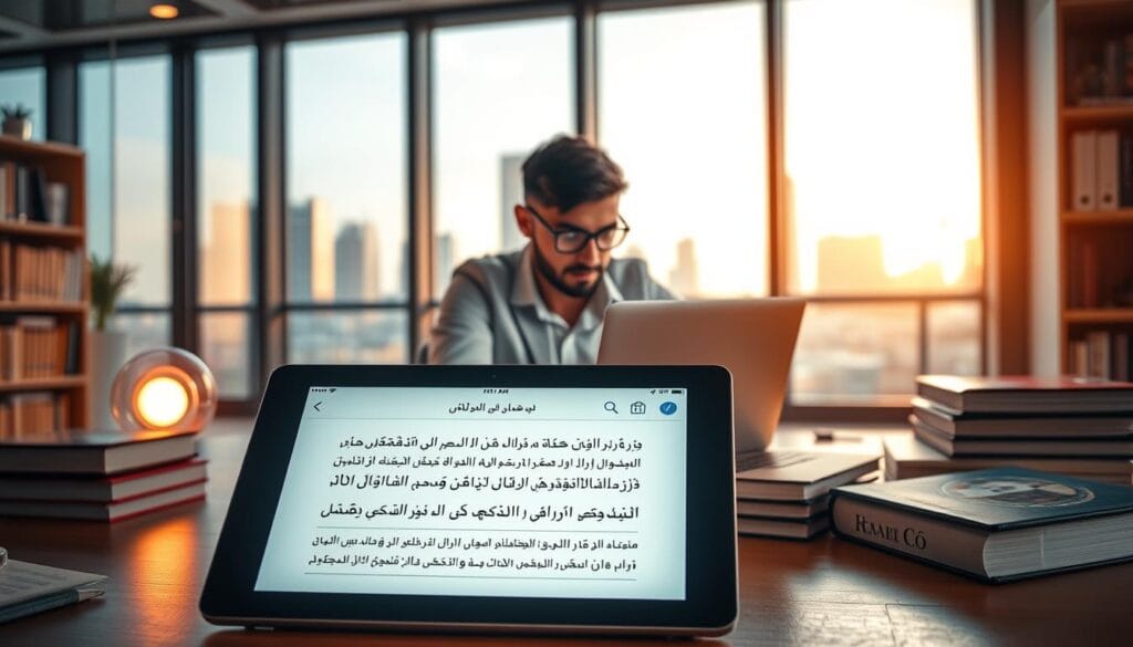 A modern workspace featuring advanced AI text generation tools designed for the Arabic language. In the foreground, a sleek digital tablet displays an elegant UI, showcasing Arabic script and writing suggestions, illuminated by a soft, warm light. In the middle ground, a focused individual in professional attire engages with their laptop, surrounded by books on Arabic writing and technology. The background features large windows with cityscape views, allowing natural light to filter in, creating an inspiring atmosphere. The color palette is warm and inviting, emphasizing productivity and innovation. The overall mood is one of progress and creativity in AI-assisted writing.