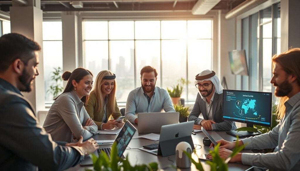 A modern workspace featuring innovative startups in Saudi Arabia, showcasing a diverse team of professionals collaborating around high-tech gadgets and digital displays. In the foreground, a diverse group of individuals in professional business attire are engaged in a brainstorming session, with laptops and digital screens displaying innovative tech solutions. The middle ground reveals a bright, open office space filled with greenery and modern furniture, emphasizing creativity and collaboration. In the background, large windows let in warm sunlight, creating an inspiring atmosphere with a view of a city skyline. The lighting is bright yet soft, highlighting the dynamic environment, with a focus on the energy and ambition of the startup culture. The overall mood is vibrant, uplifting, and forward-thinking. A modern workspace featuring innovative startups in Saudi Arabia, showcasing a diverse team of professionals collaborating around high-tech gadgets and digital displays. In the foreground, a diverse group of individuals in professional business attire are engaged in a brainstorming session, with laptops and digital screens displaying innovative tech solutions. The middle ground reveals a bright, open office space filled with greenery and modern furniture, emphasizing creativity and collaboration. In the background, large windows let in warm sunlight, creating an inspiring atmosphere with a view of a city skyline. The lighting is bright yet soft, highlighting the dynamic environment, with a focus on the energy and ambition of the startup culture. The overall mood is vibrant, uplifting, and forward-thinking.