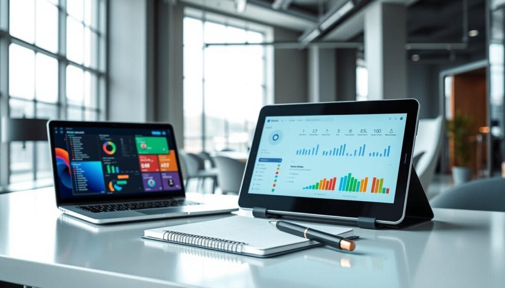 A modern workspace featuring various AI-powered task tracking tools, displayed on a sleek desk. In the foreground, a high-tech laptop with a vibrant interface showing charts and task lists. Beside it, a tablet displaying a user-friendly app interface with AI analysis features. In the middle, a stylish notepad and a pen, symbolizing the blend of traditional note-taking with advanced technology. The background should be an elegant office space with large windows allowing natural light to flood in, creating a bright and inspiring atmosphere. The color palette should be cool and professional, emphasizing productivity. Aim for a dynamic angle that showcases the tools effectively, inviting viewers to envision the future of task management.