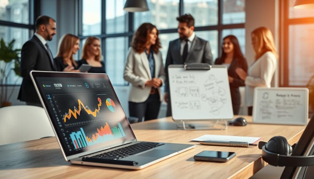 A modern workspace featuring various digital tools in use. In the foreground, a sleek laptop displays colorful graphics and analytics, alongside a tablet with a digital pen. Diverse professionals in the background are engaged in collaborative discussions, wearing smart business attire. Soft natural lighting streams through large windows, creating a warm and inviting atmosphere. The middle ground showcases a digital whiteboard filled with notes and creative ideas, while an ergonomic desk holds additional gadgets like a smartphone and noise-canceling headphones. The overall mood is innovative and productive, symbolizing the integration of technology in modern work environments.