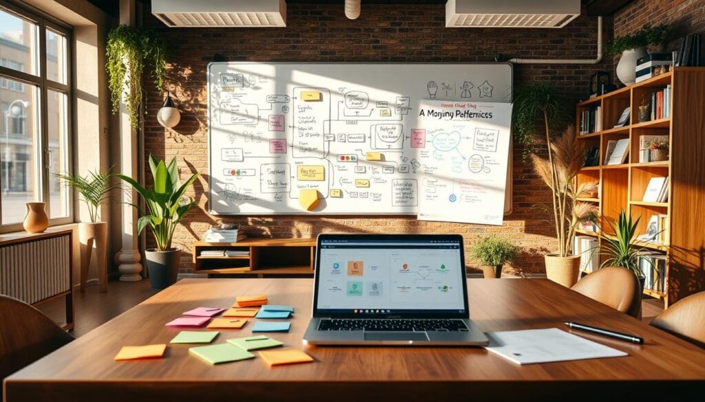 A modern workspace filled with innovative brainstorming tools for creative idea generation. Foreground features a sleek wooden table with colorful sticky notes, a brainstorming pad, and a laptop opened to a mind-mapping application. Middle ground showcases a whiteboard covered in vibrant sketches and flowcharts, highlighting various creative concepts. Background includes bookshelves with inspiring titles and indoor plants for a fresh atmosphere. Soft, natural lighting filters through large windows, casting gentle shadows to create a warm ambiance. The overall mood is dynamic and inviting, fostering a sense of collaboration and creativity, perfect for generating engaging ideas.