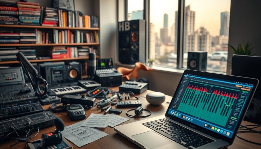 A modern workspace filled with various AI music creation tools. In the foreground, an open laptop displays a colorful digital audio workstation interface. Surrounding the laptop, a range of gadgets, like MIDI keyboards, microphones, and sound mixers, are artistically arranged. The middle ground features a cozy desk cluttered with music notes and an AI assistant device, projecting a warm glow. In the background, shelves filled with music production books and a large window showing a vibrant cityscape outside, bathed in soft, natural light. The atmosphere is inspiring and creative, evoking a sense of innovation in music-making through technology. The scene is captured from a slightly elevated angle to provide depth, with a focus on the tools that symbolize the blend of artistry and artificial intelligence. A modern workspace filled with various AI music creation tools. In the foreground, an open laptop displays a colorful digital audio workstation interface. Surrounding the laptop, a range of gadgets, like MIDI keyboards, microphones, and sound mixers, are artistically arranged. The middle ground features a cozy desk cluttered with music notes and an AI assistant device, projecting a warm glow. In the background, shelves filled with music production books and a large window showing a vibrant cityscape outside, bathed in soft, natural light. The atmosphere is inspiring and creative, evoking a sense of innovation in music-making through technology. The scene is captured from a slightly elevated angle to provide depth, with a focus on the tools that symbolize the blend of artistry and artificial intelligence.