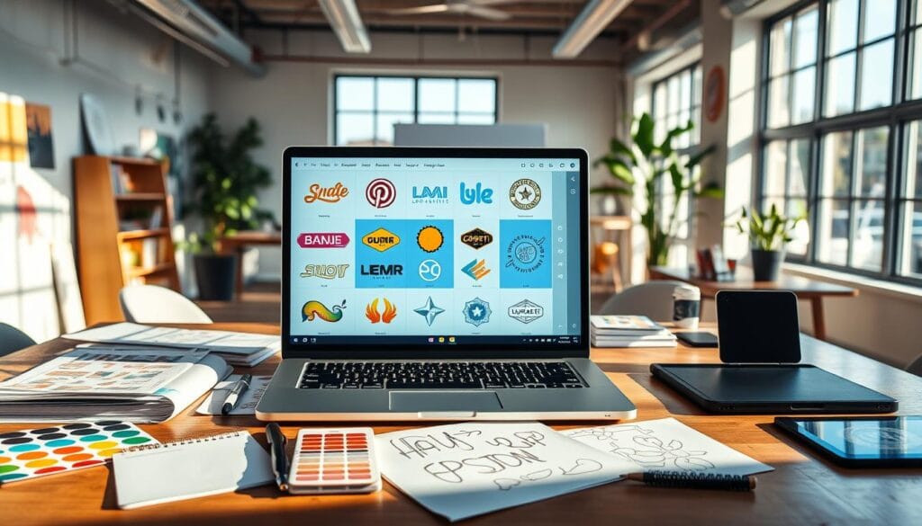 A modern workspace focused on automatic logo design tools. In the foreground, a sleek laptop displays an open design software interface showcasing vibrant logo designs in various styles—minimalist, abstract, and vintage. Beside the laptop, an array of design tools such as color swatches, sketch pads, and a graphics tablet. In the middle ground, a stylish desk with an organized layout, featuring design books and inspirational sketches. The background features a creative studio environment with large windows allowing natural light to flood the space, casting soft shadows that enhance the mood of innovation and creativity. The atmosphere is vibrant yet professional, reflecting an inviting space for designers to generate ideas.