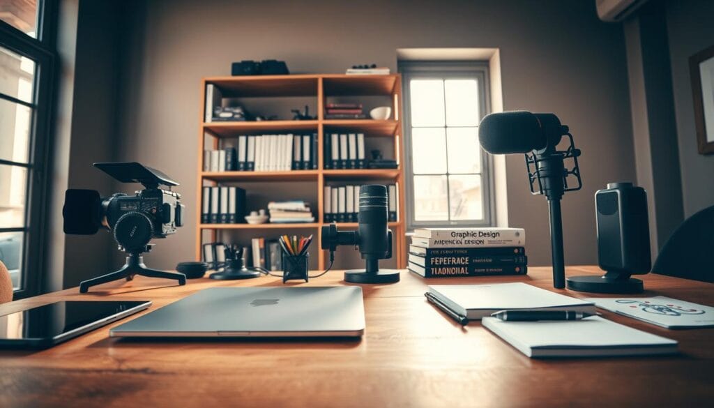 A modern workspace setting depicting essential tools for creating visual content. In the foreground, a sleek laptop is open on a wooden desk, surrounded by a digital tablet, a professional camera with lens, and a high-quality microphone. Next to these, a notepad and stylus rest on the table. The middle ground features a well-organized shelf with reference books on graphic design and video editing. The background showcases a large window allowing natural light to flood the space, illuminating the scene and casting soft shadows. The atmosphere is inspiring and creative, with warm tones suggesting productivity and innovation. The angle captures the entire setup, centered to highlight the tools, creating a dynamic yet cohesive composition, free of distractions or additional text. A modern workspace setting depicting essential tools for creating visual content. In the foreground, a sleek laptop is open on a wooden desk, surrounded by a digital tablet, a professional camera with lens, and a high-quality microphone. Next to these, a notepad and stylus rest on the table. The middle ground features a well-organized shelf with reference books on graphic design and video editing. The background showcases a large window allowing natural light to flood the space, illuminating the scene and casting soft shadows. The atmosphere is inspiring and creative, with warm tones suggesting productivity and innovation. The angle captures the entire setup, centered to highlight the tools, creating a dynamic yet cohesive composition, free of distractions or additional text.