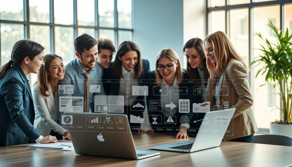 A modern workspace showcasing a professional creating engaging educational videos using AI tools. In the foreground, a diverse group of professionals, in smart business attire, collaborate around a sleek laptop, enthusiastically discussing ideas. In the middle, an interactive digital interface displays various AI tools for video creation, emphasizing templates, graphics, and animations. The background features a bright, airy office setting with large windows, warm sunlight streaming in, creating an inviting atmosphere. Soft shadows add depth, while a hint of greenery peeks through the window, enhancing the innovative and focused mood. Capture a sense of collaboration, technology, and creativity without any text or distractions.