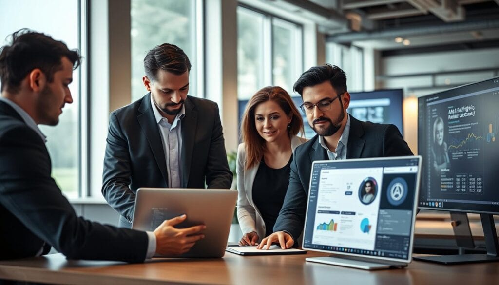 A modern workspace showcasing the development of an AI chat application. In the foreground, a diverse group of professionals (two men and one woman) in professional business attire, collaborating over a laptop. They are deep in conversation, with visible code on the screen and a digital interface design for a chat app. In the middle ground, a large, sleek monitor displays data visualizations related to AI analytics. The background features a contemporary office setting with large windows, allowing natural light to fill the room, creating an inspiring atmosphere. The overall mood is focused and innovative, emphasizing teamwork and technology. Soft lighting enhances the details, with a slight depth of field effect to accentuate the group. A modern workspace showcasing the development of an AI chat application. In the foreground, a diverse group of professionals (two men and one woman) in professional business attire, collaborating over a laptop. They are deep in conversation, with visible code on the screen and a digital interface design for a chat app. In the middle ground, a large, sleek monitor displays data visualizations related to AI analytics. The background features a contemporary office setting with large windows, allowing natural light to fill the room, creating an inspiring atmosphere. The overall mood is focused and innovative, emphasizing teamwork and technology. Soft lighting enhances the details, with a slight depth of field effect to accentuate the group.