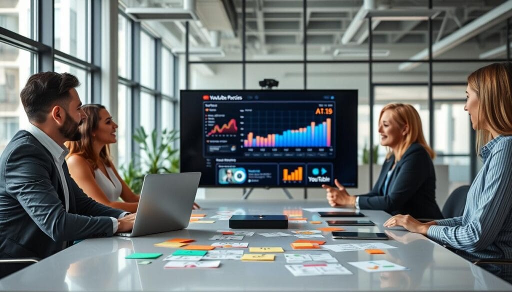 A professional and modern workspace scene showcasing a YouTube channel creation strategy involving artificial intelligence. In the foreground, a diverse team of three individuals, dressed in casual business attire, collaborates around a sleek conference table. They are engaged in animated discussion, with a laptop open displaying video analytics and AI tools. The middle of the image features a large digital screen presenting vibrant graphs and social media metrics, while colorful post-it notes and brainstorming sketches are scattered on the table. The background captures a bright office environment with large windows allowing natural light to flow in, creating a vibrant and inviting atmosphere. The overall mood is dynamic and innovative, reflecting creativity and collaboration in harnessing AI for viewer engagement strategies on YouTube. A professional and modern workspace scene showcasing a YouTube channel creation strategy involving artificial intelligence. In the foreground, a diverse team of three individuals, dressed in casual business attire, collaborates around a sleek conference table. They are engaged in animated discussion, with a laptop open displaying video analytics and AI tools. The middle of the image features a large digital screen presenting vibrant graphs and social media metrics, while colorful post-it notes and brainstorming sketches are scattered on the table. The background captures a bright office environment with large windows allowing natural light to flow in, creating a vibrant and inviting atmosphere. The overall mood is dynamic and innovative, reflecting creativity and collaboration in harnessing AI for viewer engagement strategies on YouTube.