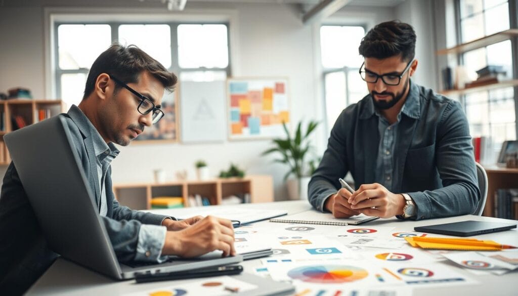 A professional graphic designer engaged in skill development for logo design. In the foreground, a focused individual, dressed in smart casual attire, is working intently on a sleek laptop, sketching logo ideas on a notepad. In the middle ground, colorful design elements such as logos, color swatches, and digital tools are scattered across a modern workspace, symbolizing creativity and innovation. The background features a bright, well-lit studio with inspirational posters and design books on shelves, exuding a motivating atmosphere. The scene is illuminated by soft, natural light coming through large windows, enhancing the inviting and productive mood of the environment. The composition captures the essence of honing graphic design skills, specifically in the realm of logo creation.