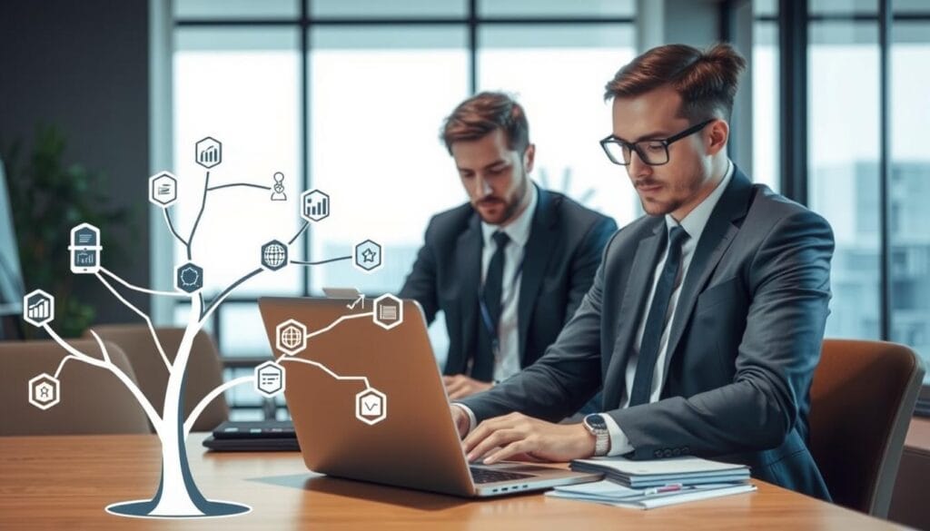 A professional illustration depicting the concept of "Decision Tree Algorithm Improvement." In the foreground, showcase a stylized decision tree with visually distinct branches representing various decision paths, enriched with symbols for algorithms like pruning and optimization. The middle section features a data analyst, dressed in smart business attire, analyzing data charts and graphs on a sleek laptop, with a look of concentration. In the background, a modern office environment with soft, diffused lighting and large windows allowing natural light to illuminate the space. The overall mood conveys innovation and analytical thinking, evoking a sense of clarity and forward momentum in data science. Ensure the image is clean and devoid of any textual elements or distractions.