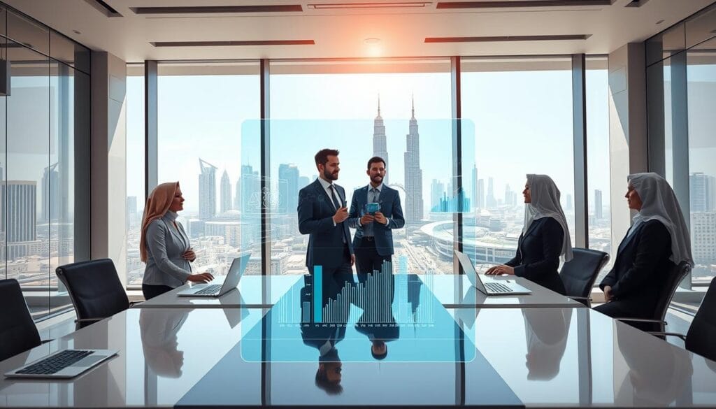 A professional, modern office environment in Saudi Arabia, showcasing opportunities in artificial intelligence investment. In the foreground, a diverse group of three business professionals in smart attire are engaged in discussion around a holographic display showcasing AI analytics and graphs. In the middle, sleek desks with laptops and advanced technology suggest innovation and growth. The background features large windows revealing a futuristic cityscape with iconic architecture, symbolizing progress and potential. Bright, natural light floods the room, creating a focused and ambitious atmosphere. The angle is from slightly above eye level, providing a dynamic view of the scene, emphasizing collaboration and forward-thinking in the AI sector.