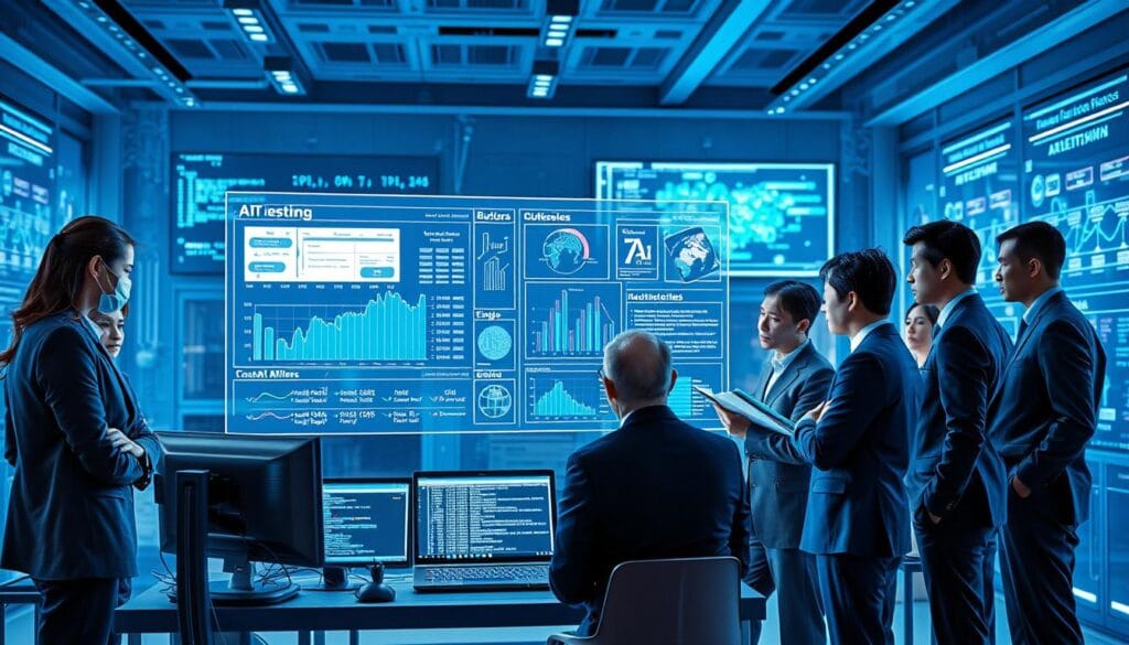 A professional setting depicting a futuristic AI testing environment. In the foreground, a diverse group of researchers in business attire are intensely engaged in discussions around a large holographic display showing complex data analysis and performance metrics of AI models. In the middle, sleek, modern technology such as computers with code running on their screens and an interactive virtual reality setup. The background features a high-tech laboratory with illuminated screens displaying neural networks and algorithms. The lighting is cool and clinical, with a hint of blue to convey a sense of innovation. The atmosphere should feel focused and dynamic, emphasizing the importance of testing in the development of AI. A professional setting depicting a futuristic AI testing environment. In the foreground, a diverse group of researchers in business attire are intensely engaged in discussions around a large holographic display showing complex data analysis and performance metrics of AI models. In the middle, sleek, modern technology such as computers with code running on their screens and an interactive virtual reality setup. The background features a high-tech laboratory with illuminated screens displaying neural networks and algorithms. The lighting is cool and clinical, with a hint of blue to convey a sense of innovation. The atmosphere should feel focused and dynamic, emphasizing the importance of testing in the development of AI.