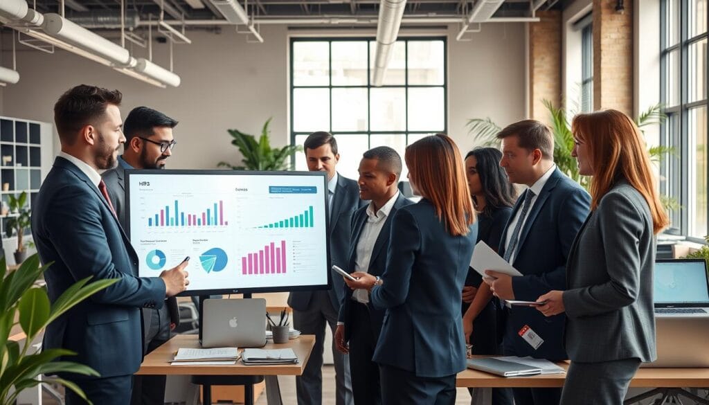 A professional setting showcasing individuals analyzing data for human resource management. In the foreground, a diverse group of business professionals in formal attire, including men and women of different ethnicities, are engaged in discussions around a large digital screen displaying graphs and charts. In the middle, an open office space with modern decor, bright natural lighting coming through large windows, and plants for a refreshing atmosphere. In the background, office desks with laptops, files, and HR-related documents. The overall mood is collaborative and focused, emphasizing the importance of data analysis in effective HR management. Capture the scene from a slightly elevated angle, highlighting the dynamic interaction among team members.