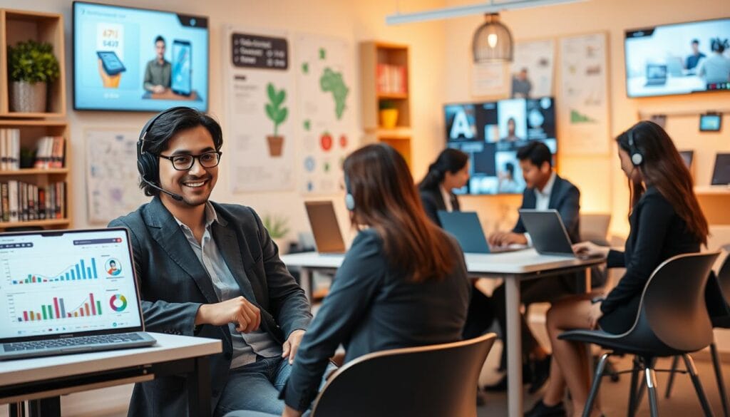 A professional support scene depicting technical assistance in Arab educational platforms. In the foreground, a friendly support agent in smart casual attire sits at a modern desk, engaging with a laptop, showing charts and graphs related to AI learning tools. In the middle ground, a diverse group of students, wearing professional attire, interact with their own devices, seeking assistance through video calls and online chat. The background features a bright, inviting workspace adorned with educational materials, like books and digital screens illustrating various technologies. Soft, warm lighting creates an inviting atmosphere, emphasizing collaboration and support. Use a slightly elevated angle to capture the vibrant environment, promoting a sense of community and interaction in educational technology. A professional support scene depicting technical assistance in Arab educational platforms. In the foreground, a friendly support agent in smart casual attire sits at a modern desk, engaging with a laptop, showing charts and graphs related to AI learning tools. In the middle ground, a diverse group of students, wearing professional attire, interact with their own devices, seeking assistance through video calls and online chat. The background features a bright, inviting workspace adorned with educational materials, like books and digital screens illustrating various technologies. Soft, warm lighting creates an inviting atmosphere, emphasizing collaboration and support. Use a slightly elevated angle to capture the vibrant environment, promoting a sense of community and interaction in educational technology.