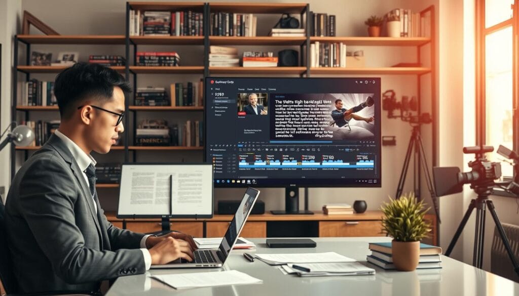 A professional workspace depicting the process of transforming text into video. In the foreground, a person in business attire sits at a modern desk, thoughtfully typing on a laptop, surrounded by notes and a storyboard. The middle layer shows a large screen displaying a dynamic video editing software interface, with text segments being animated into engaging visuals. In the background, shelves filled with books on scriptwriting and filmmaking, alongside creative displays like storyboards and video equipment, create an inspiring atmosphere. Soft, warm lighting accentuates the workspace, while a subtle depth of field draws attention to the person and their creative process. The overall mood is focused and innovative, illustrating the best practices in writing effective video scripts. A professional workspace depicting the process of transforming text into video. In the foreground, a person in business attire sits at a modern desk, thoughtfully typing on a laptop, surrounded by notes and a storyboard. The middle layer shows a large screen displaying a dynamic video editing software interface, with text segments being animated into engaging visuals. In the background, shelves filled with books on scriptwriting and filmmaking, alongside creative displays like storyboards and video equipment, create an inspiring atmosphere. Soft, warm lighting accentuates the workspace, while a subtle depth of field draws attention to the person and their creative process. The overall mood is focused and innovative, illustrating the best practices in writing effective video scripts.