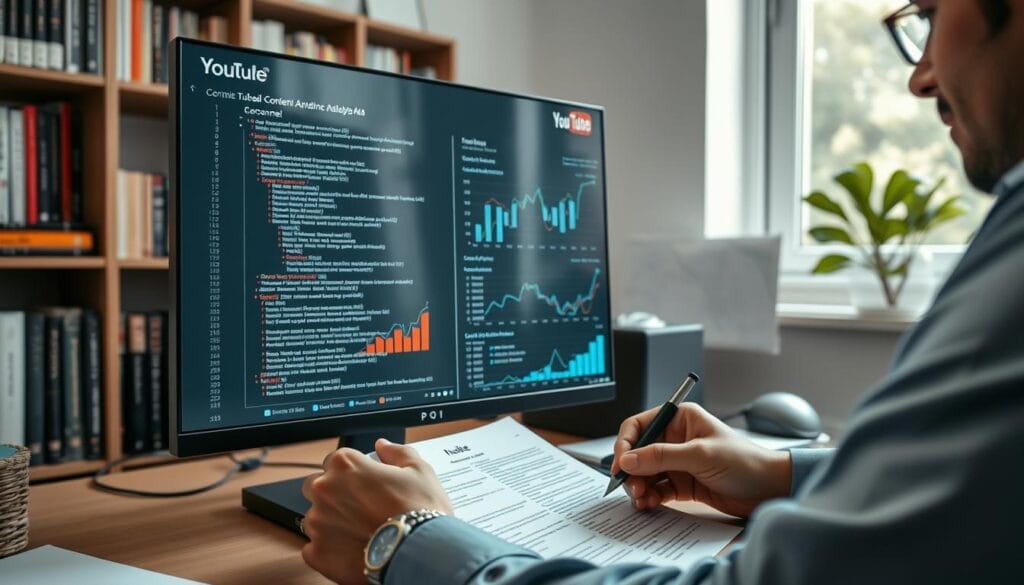 A professional workspace featuring a computer screen displaying code and content analysis tools for an Arabic YouTube channel. In the foreground, a person in smart casual attire reviews text documents and titles, highlighting key points with a pen. In the middle ground, there are charts and graphs showing growth trends and audience engagement metrics. The background includes a bookshelf filled with books on digital media and AI. Soft, natural lighting illuminates the scene from a nearby window, creating a productive atmosphere. The camera angle is slightly above eye level, focusing on the screen and the person's engaged expression, capturing the essence of utilizing AI to enhance content quality.