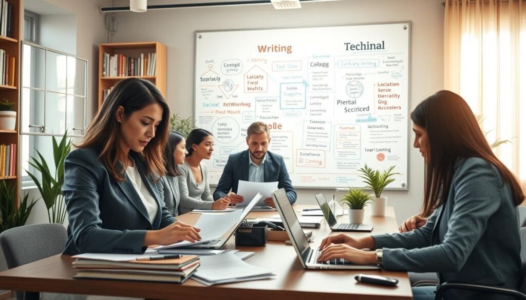 A professional workspace featuring a diverse group of individuals engaged in technical writing. In the foreground, a woman in smart business attire types on a laptop, surrounded by notes and research papers, showcasing the process of article creation. The middle layer includes a large whiteboard filled with diagrams and keywords relevant to various writing fields, signifying brainstorming and organization. In the background, soft natural light filters through a window, illuminating the room with a warm and inspiring atmosphere. The setting conveys creativity and focus, with a modern desk, potted plants, and bookshelves filled with reference materials, emphasizing the theme of technical writing across different subjects. The composition is balanced with a slight angle, creating depth and inviting viewers into the scene.