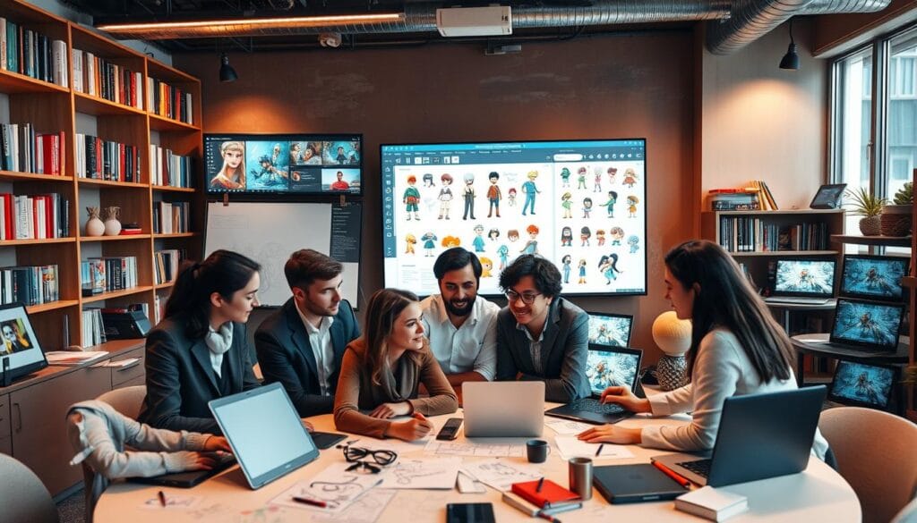 A professional workspace filled with character generation tools, showcasing a sleek digital interface on a large monitor displaying vibrant character designs. In the foreground, a diverse group of people, dressed in smart casual attire, collaborate at a round table covered with sketches and notes. The middle of the scene features a creative atmosphere, with colorful character art pinned on a board and open laptops showing various character creation software. The background includes shelves lined with books about storytelling and character development, illuminated by warm, inviting lighting that creates a focused yet creative mood. The camera angle is slightly elevated, capturing both the collaborative energy and the array of tools available for character creation. A professional workspace filled with character generation tools, showcasing a sleek digital interface on a large monitor displaying vibrant character designs. In the foreground, a diverse group of people, dressed in smart casual attire, collaborate at a round table covered with sketches and notes. The middle of the scene features a creative atmosphere, with colorful character art pinned on a board and open laptops showing various character creation software. The background includes shelves lined with books about storytelling and character development, illuminated by warm, inviting lighting that creates a focused yet creative mood. The camera angle is slightly elevated, capturing both the collaborative energy and the array of tools available for character creation.