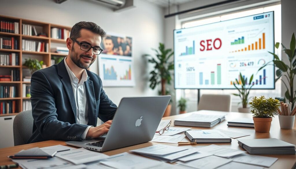 A professional workspace illustrating the concept of "SEO Content Optimization." In the foreground, a confident individual in business attire is analyzing data on a laptop, surrounded by scattered papers, a notepad, and SEO-related charts. The middle ground features a large digital screen displaying colorful graphs and keyword statistics. In the background, a well-organized office space with bookshelves filled with marketing books, plants for a touch of nature, and a large window letting in soft, natural light. The atmosphere is productive and focused, conveying the importance of effective prompt crafting for professional content creation. The image should be well-lit to reflect a bright and inspiring work environment, captured at a slight angle to give depth to the scene. A professional workspace illustrating the concept of "SEO Content Optimization." In the foreground, a confident individual in business attire is analyzing data on a laptop, surrounded by scattered papers, a notepad, and SEO-related charts. The middle ground features a large digital screen displaying colorful graphs and keyword statistics. In the background, a well-organized office space with bookshelves filled with marketing books, plants for a touch of nature, and a large window letting in soft, natural light. The atmosphere is productive and focused, conveying the importance of effective prompt crafting for professional content creation. The image should be well-lit to reflect a bright and inspiring work environment, captured at a slight angle to give depth to the scene.